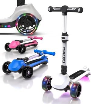 ELECOSMOS Kids Electric Scooter for Age 4-9, Light Up 3-Wheeled Scooter with Big LED Wheels, Wide Flashing Deck, Adjustable Height
